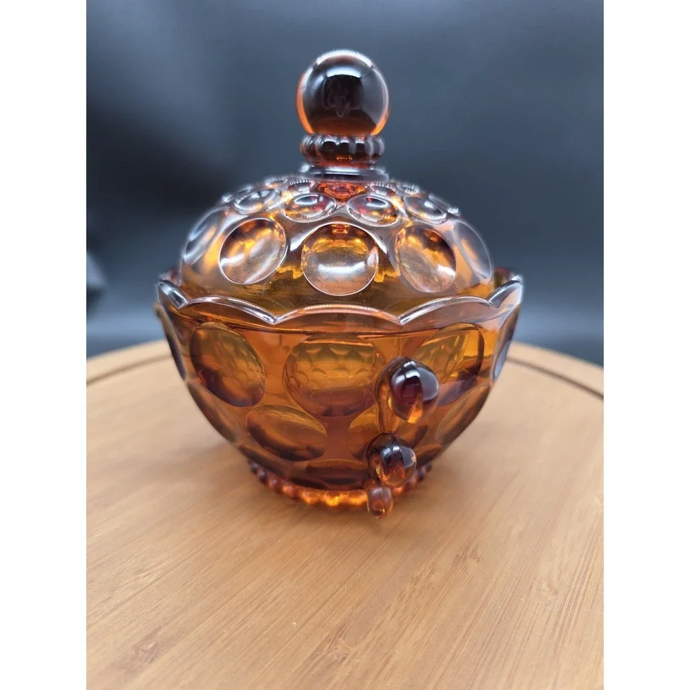 Provincial Amber Imperial Glass Candy Dish W Lid /‎ Handles Vintage MCM BoHo